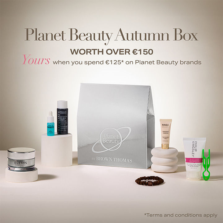 The planet beauty box with a text overlay, on a purple background