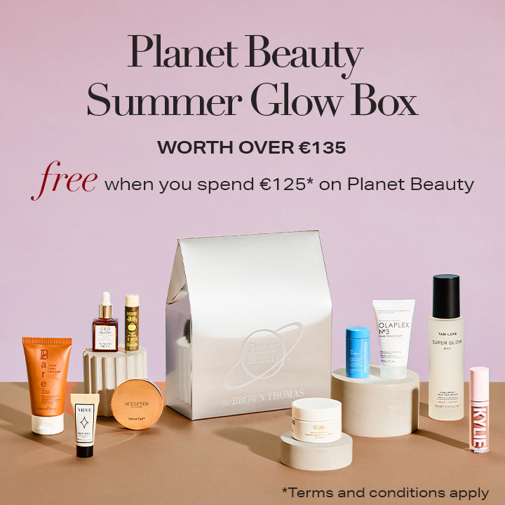The planet beauty box with a text overlay, on a purple background