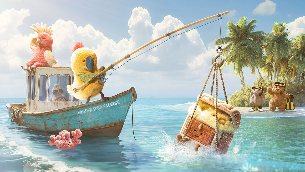 Stuffed animals on a boat fish for a toast plushie with palm tree backdrop. Jellycat toys create a whimsical scene.