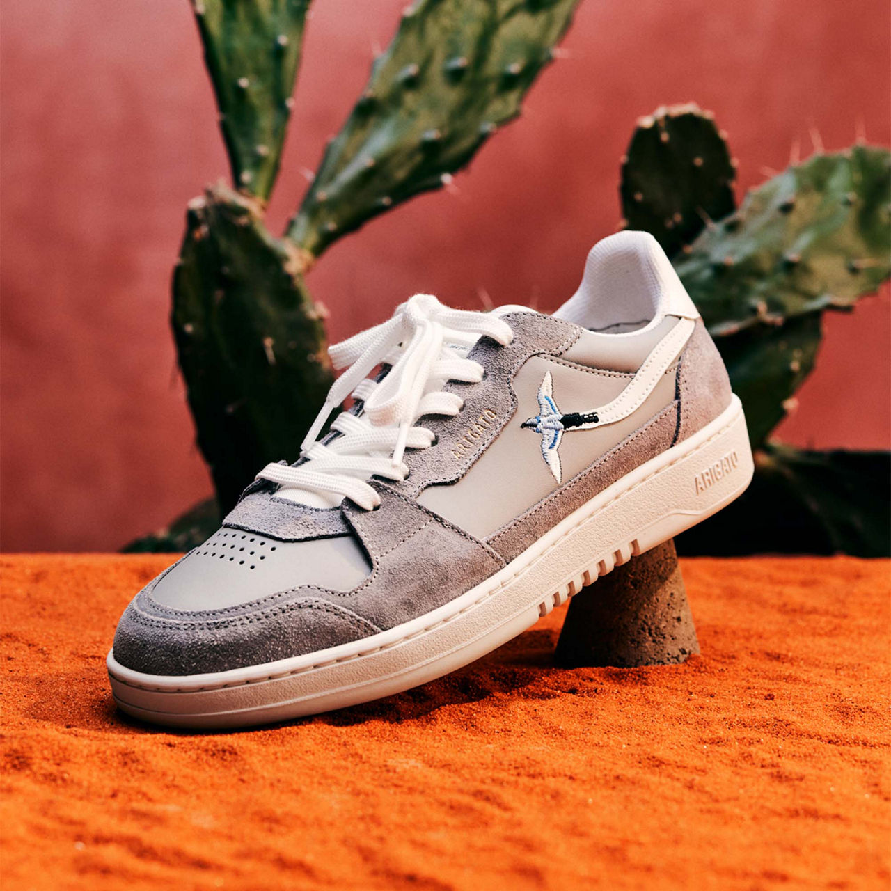 A stylish gray sneaker with a star detail is placed on orange sand, with cactus plants in the background.