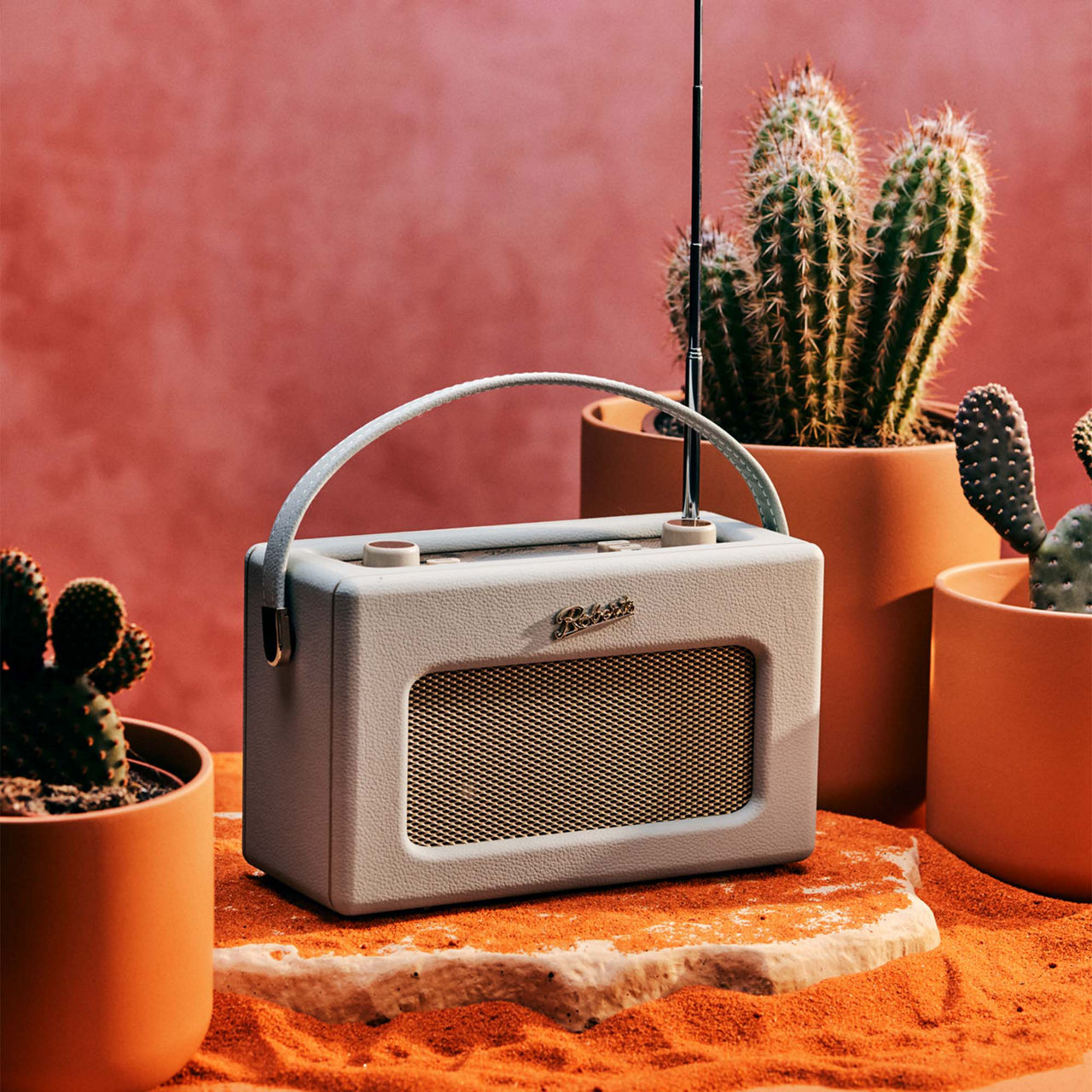 A vintage portable radio with an antenna is displayed on a table surrounded by potted cacti against a pink textured wall.