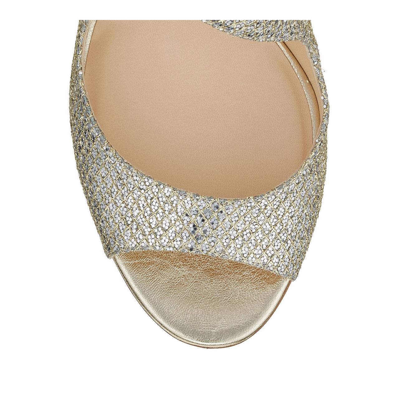 JIMMY CHOO Emily 85 Glitter Fabric Sandals Gold