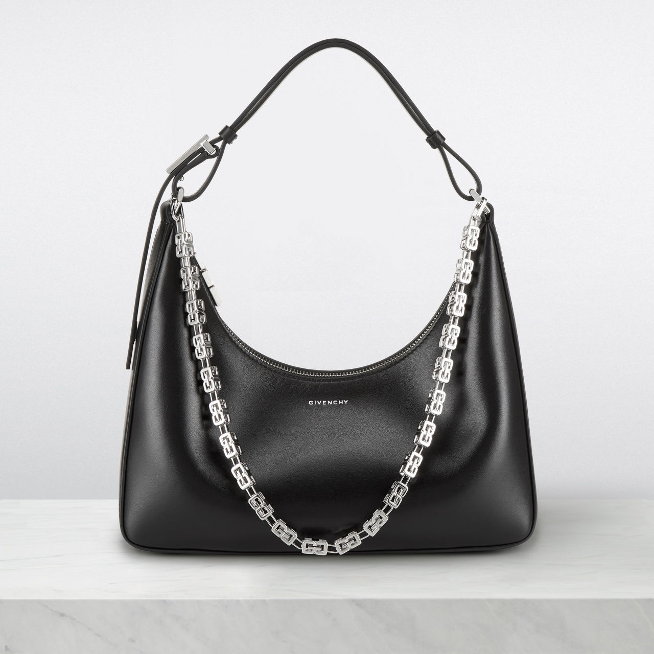 Small Vlogo Moon Hobo Bag In Leather With Chain for Woman in Black