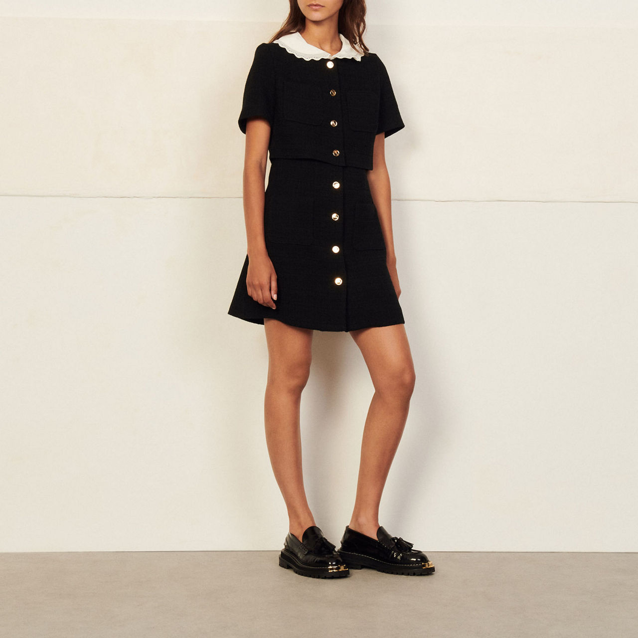 SANDRO Scalloped Collar Tweed Dress