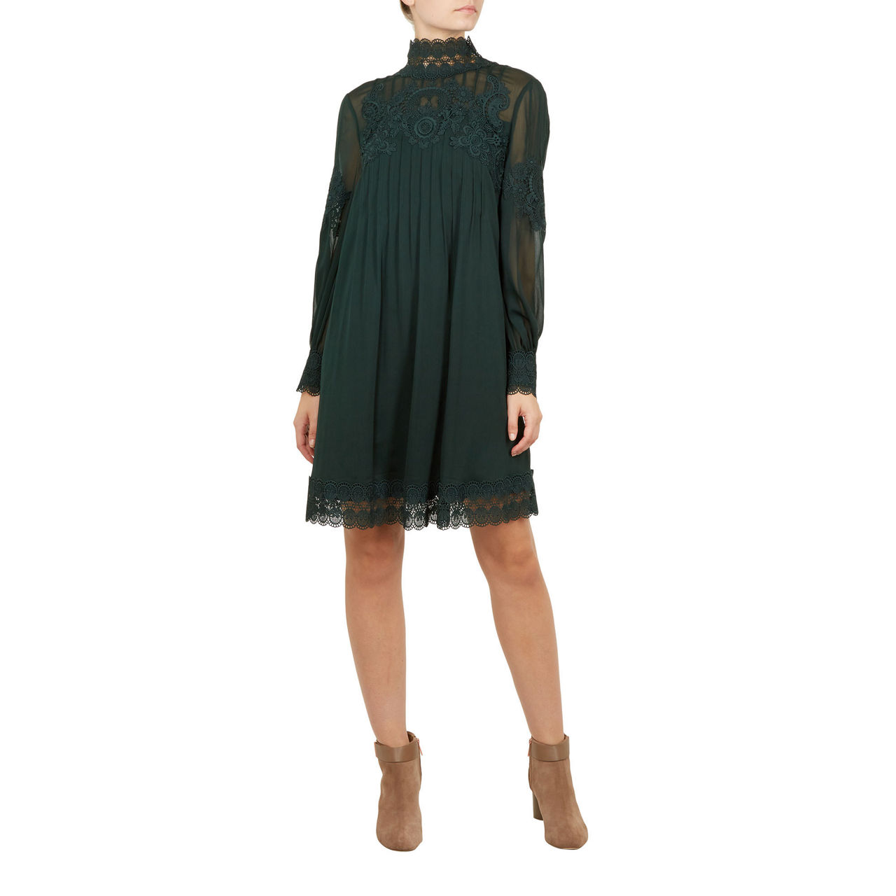 TED BAKER Anneah High Neck Lace Tunic Dress DARK GREEN