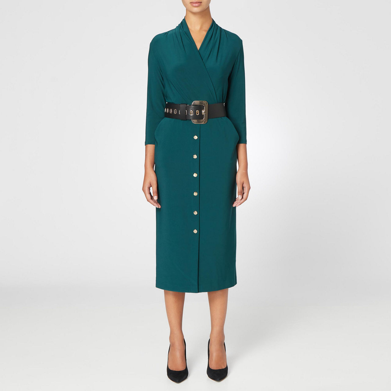 JOSEPH RIBKOFF Belted Pencil Dress Dark Green