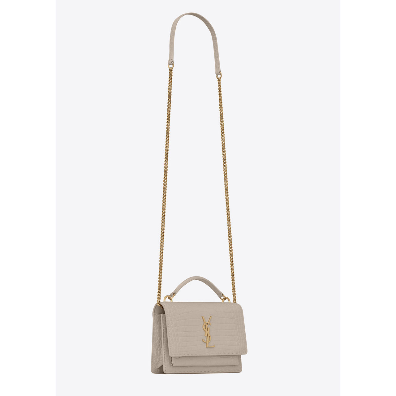 Sunset Medium Chain Bag In Crocodile-Embossed Shiny Leather Blanc Vintage