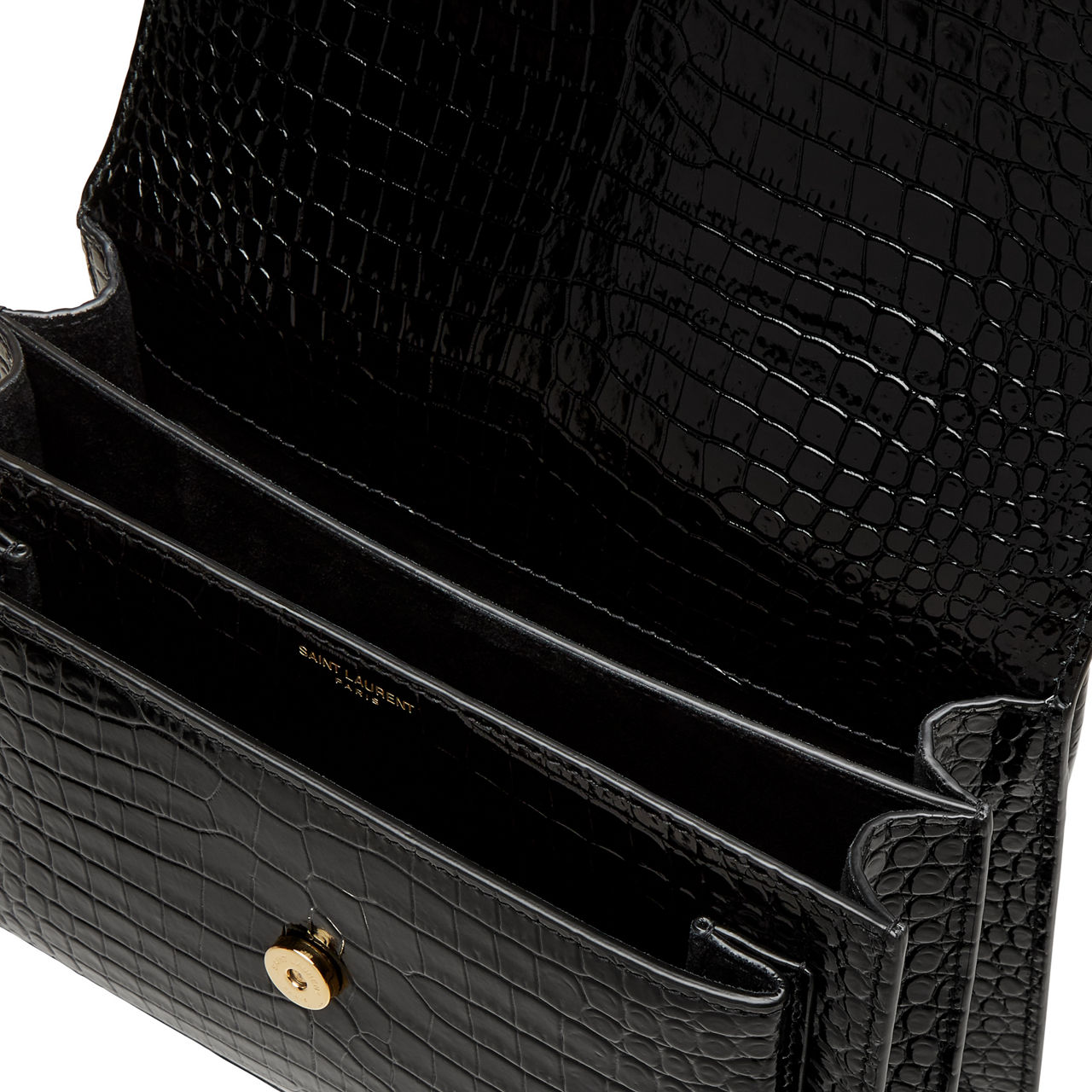 Saint Laurent Sunset Large in Crocodile-Embossed Shiny Leather - Black