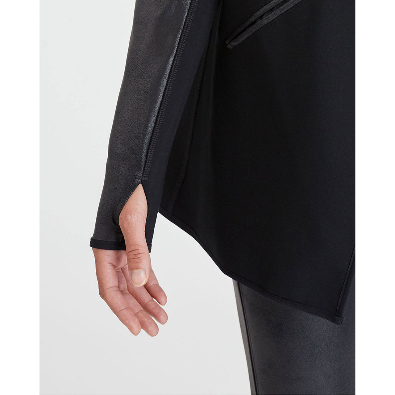 SPANX, Jackets & Coats, Spanx Drape Front Black Wrap Jacket W Vegan  Leather Sleeves Trim Medium