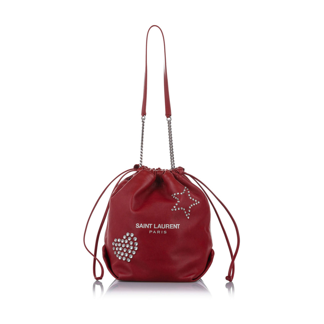 SAINT LAURENT PRE LOVED The Sustainable Edit Teddy Studded Leather Bucket Bag Red