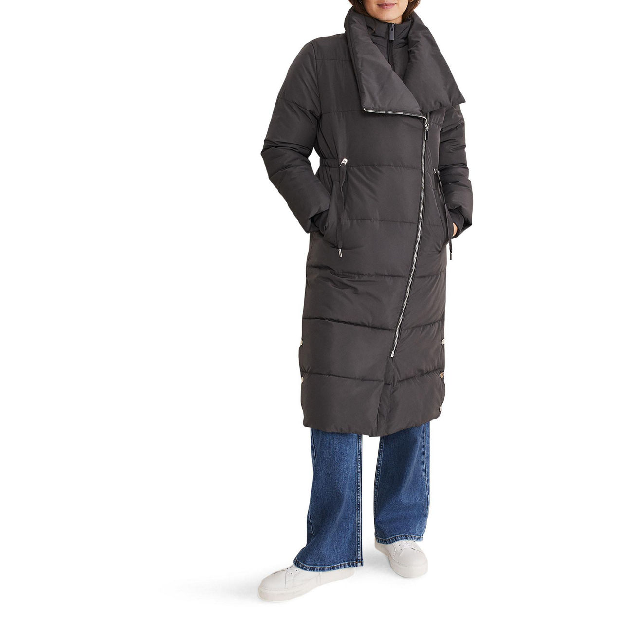 Water resistant asymmetrical zip belted puffer coat hotsell