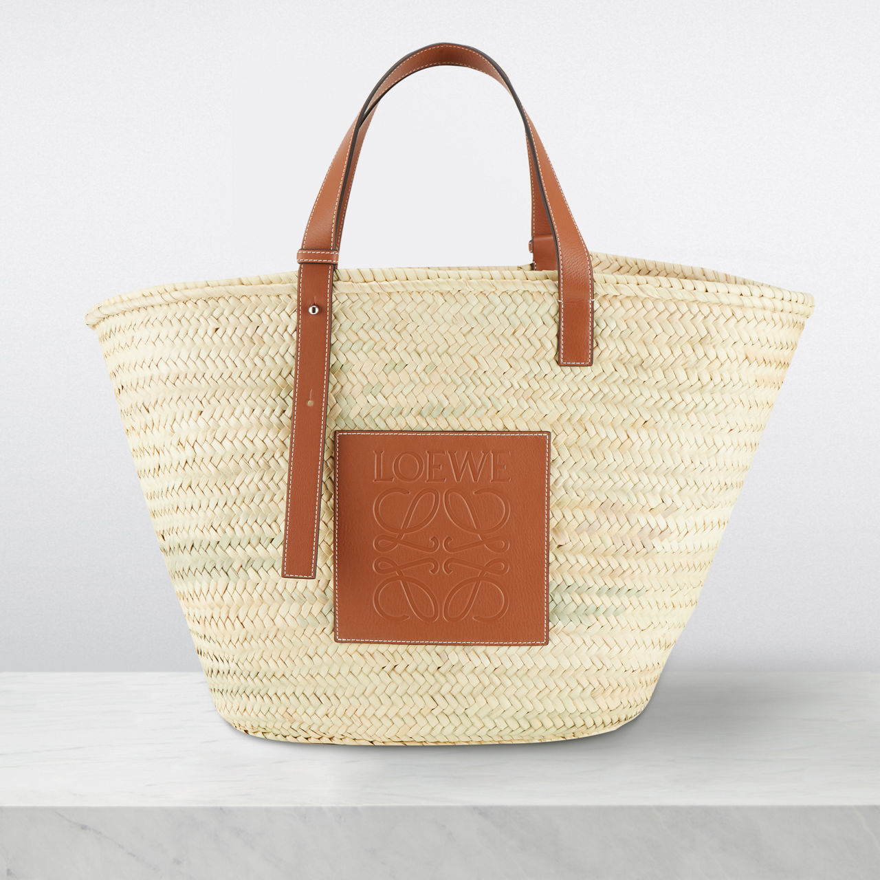 Loewe Large Basket Bag in Palm Leaf and Calfskin, Beige, * Inventory Confirmation Required