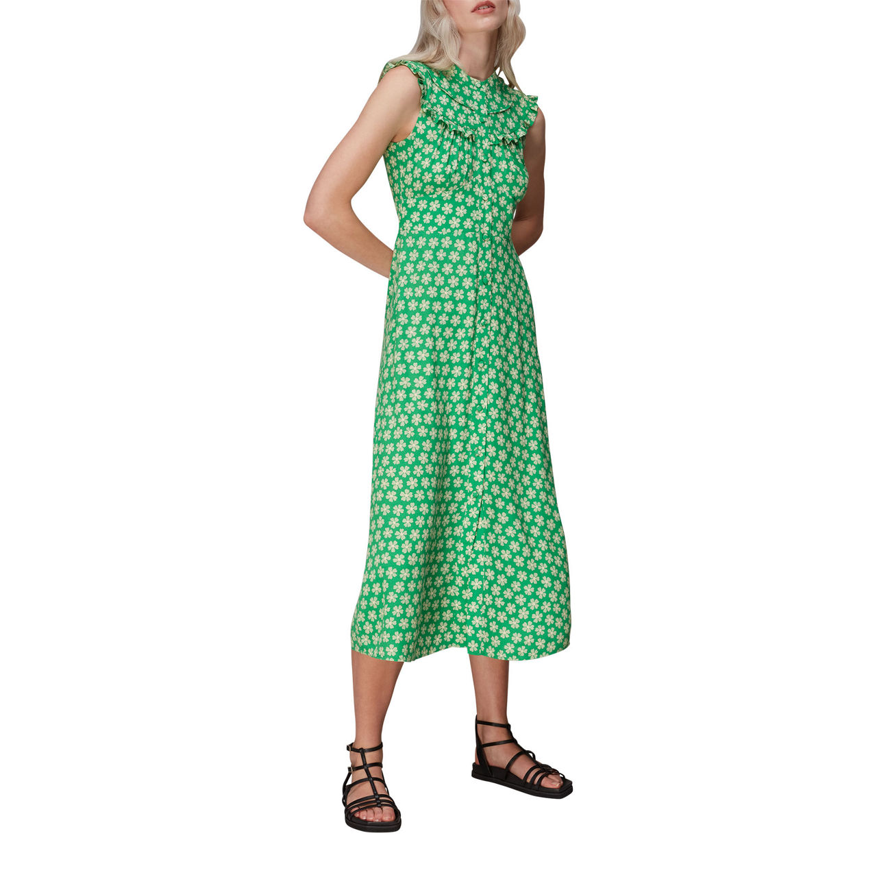 WHISTLES Daisy Check Frill Midi Dress