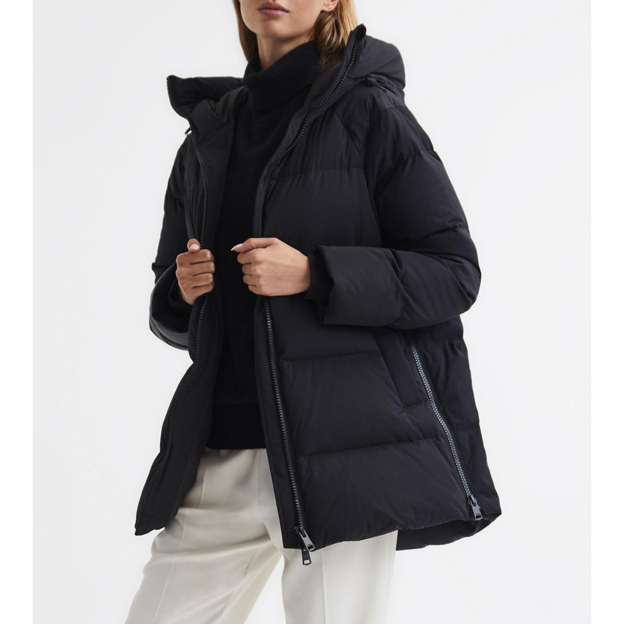 Black mid length puffer jacket online