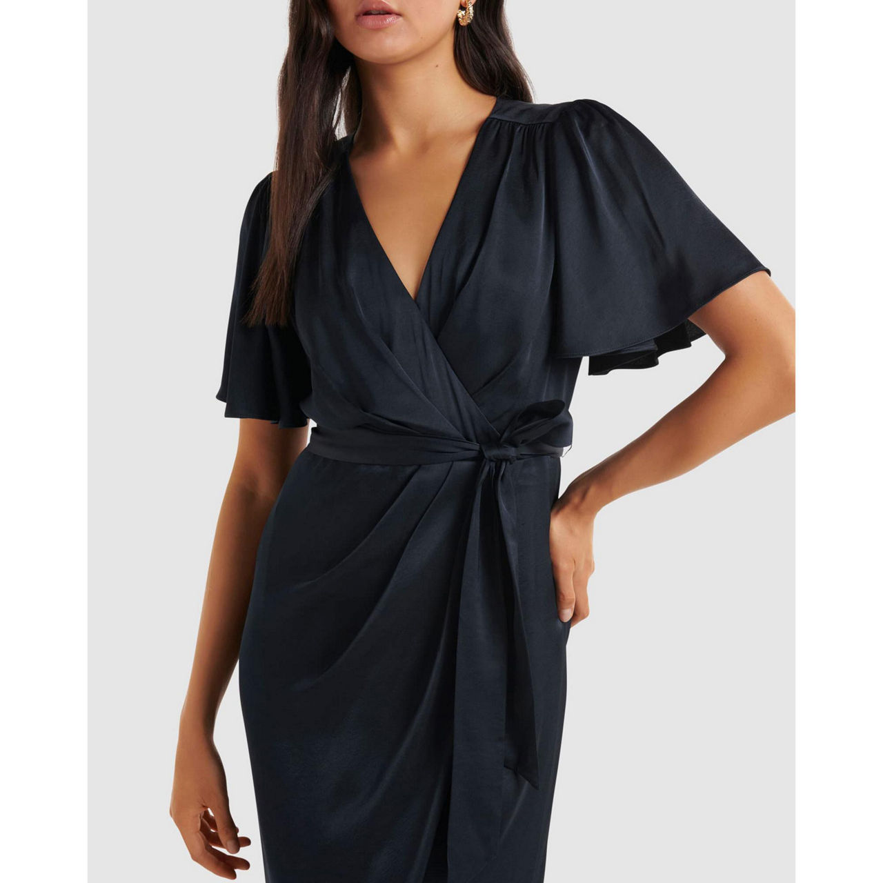 FOREVER NEW Carolina Satin Flutter Sleeve Midi Dress