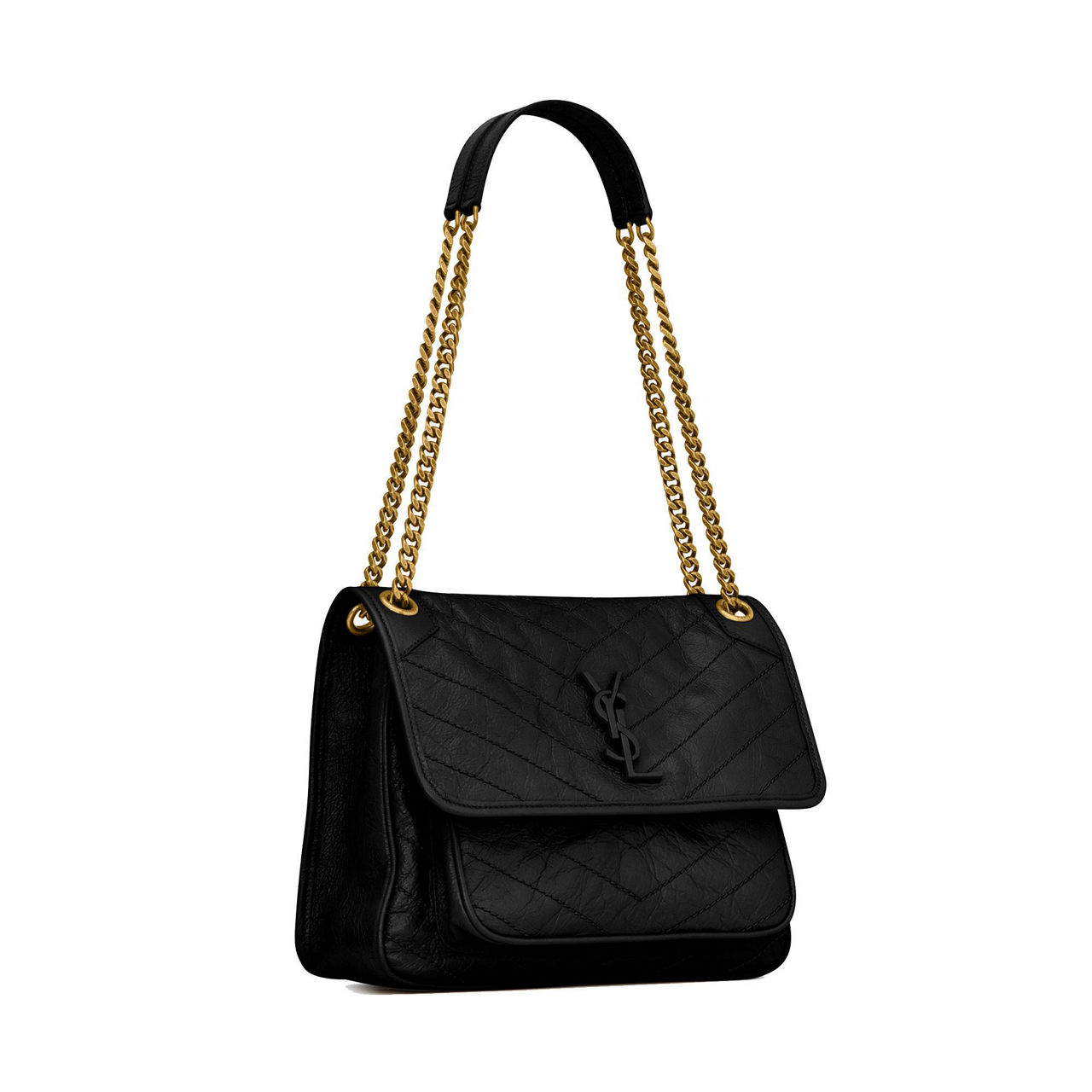 SAINT LAURENT Niki Medium Crinkled Vintage Leather Chain Bag NERO