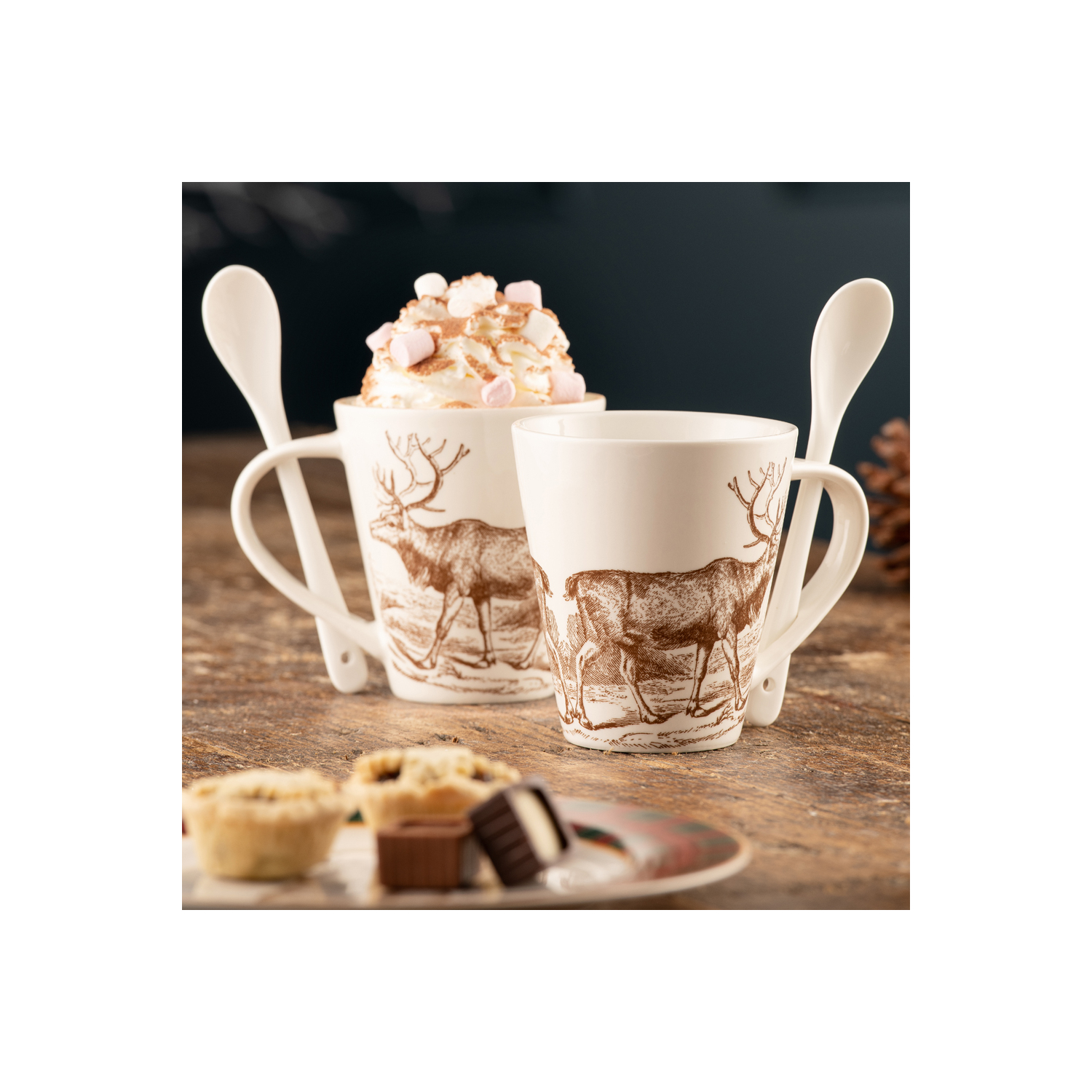 Hot Chocolate Reindeer Mugs & Spoons Set of 2