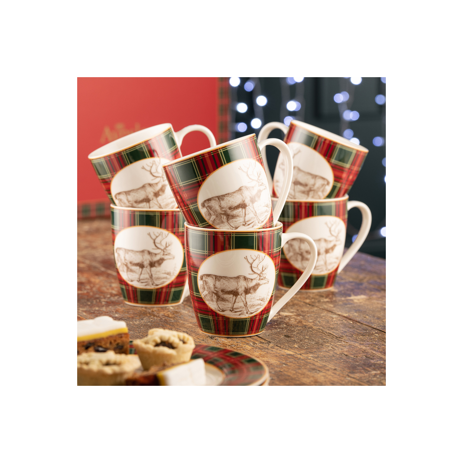 Tartan Reindeer Set of 6 Mugs