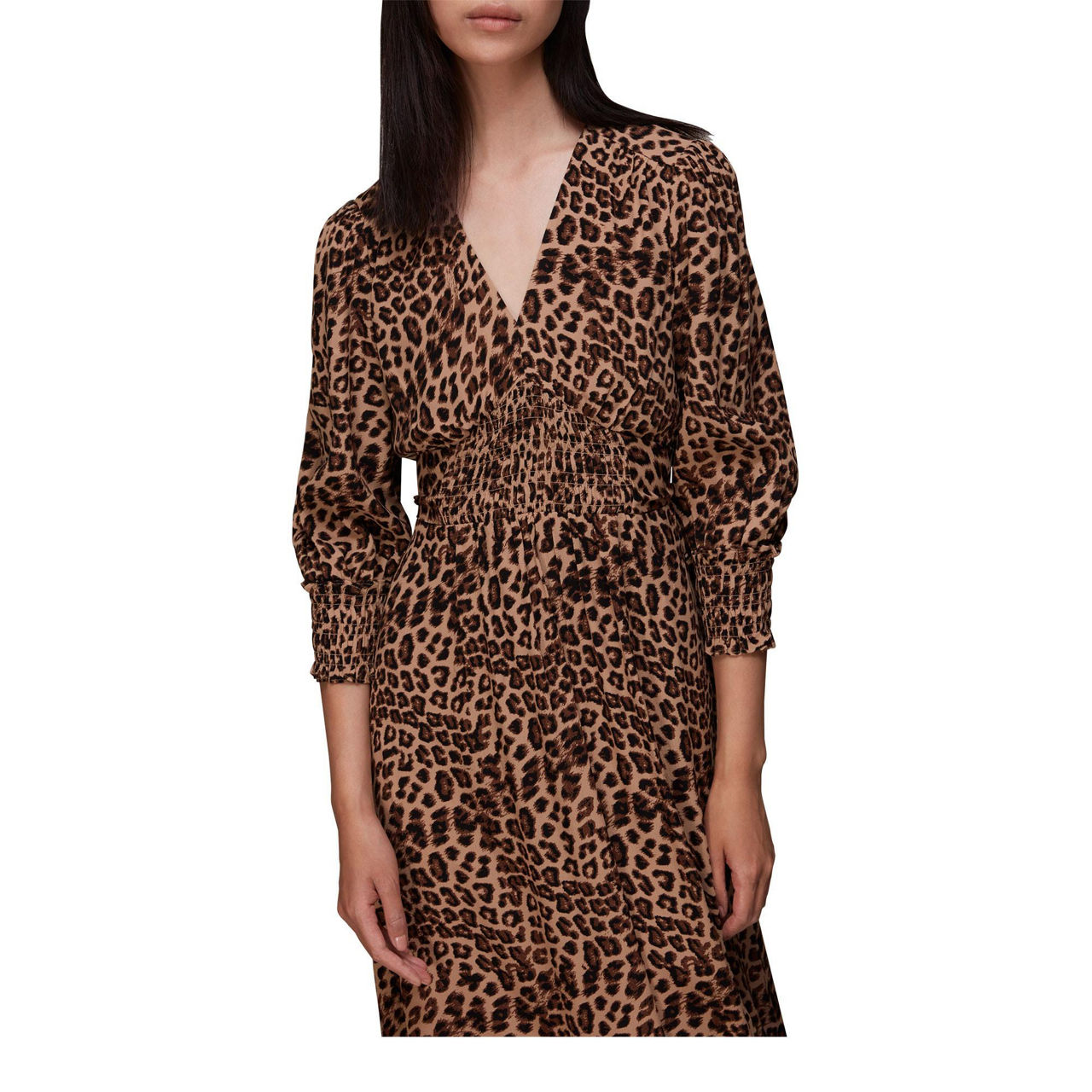 WHISTLES Jungle Cheetah Shirred Midi Dress