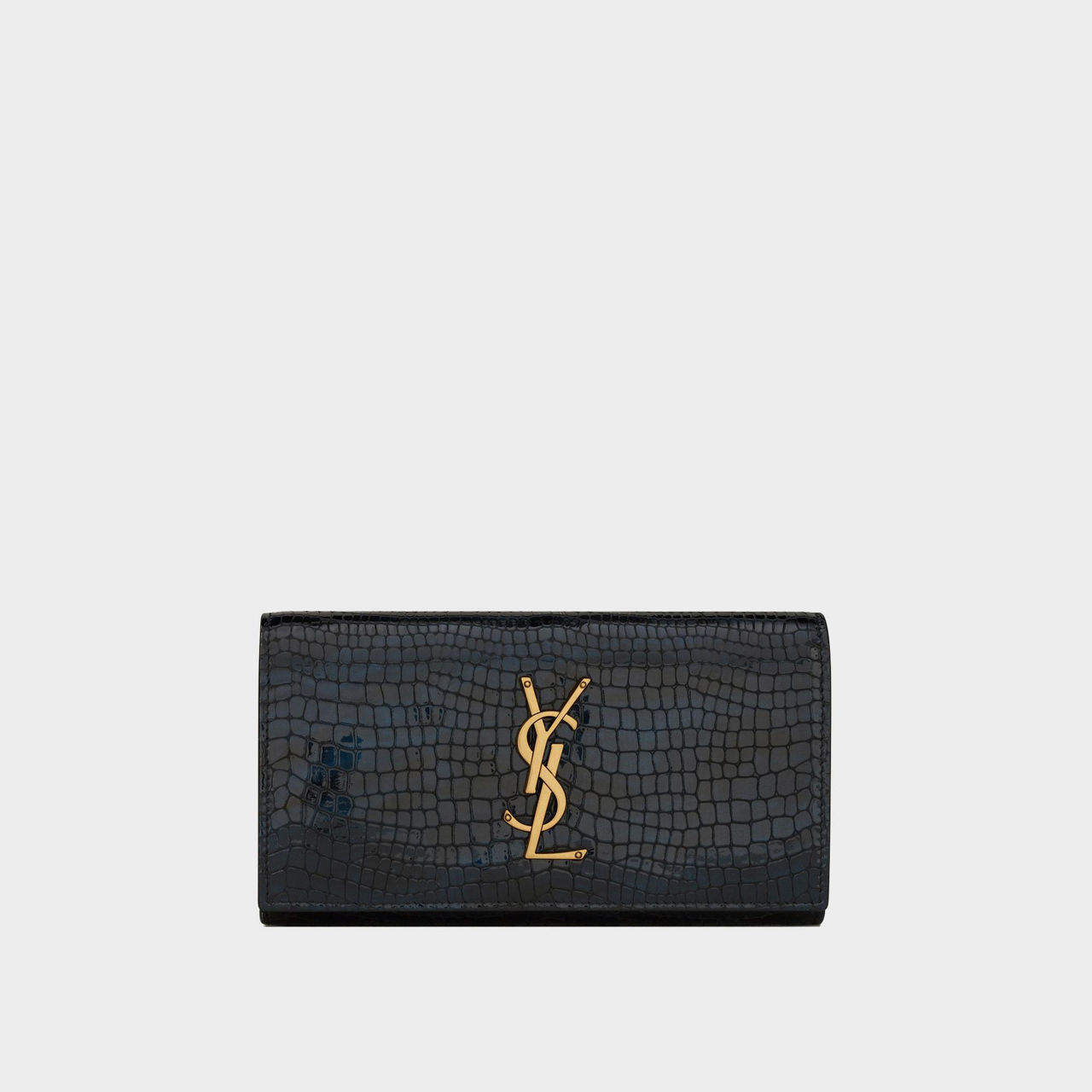 SAINT LAURENT Cassandre Large Shiny Crocodile Embossed Leather Flap Wallet