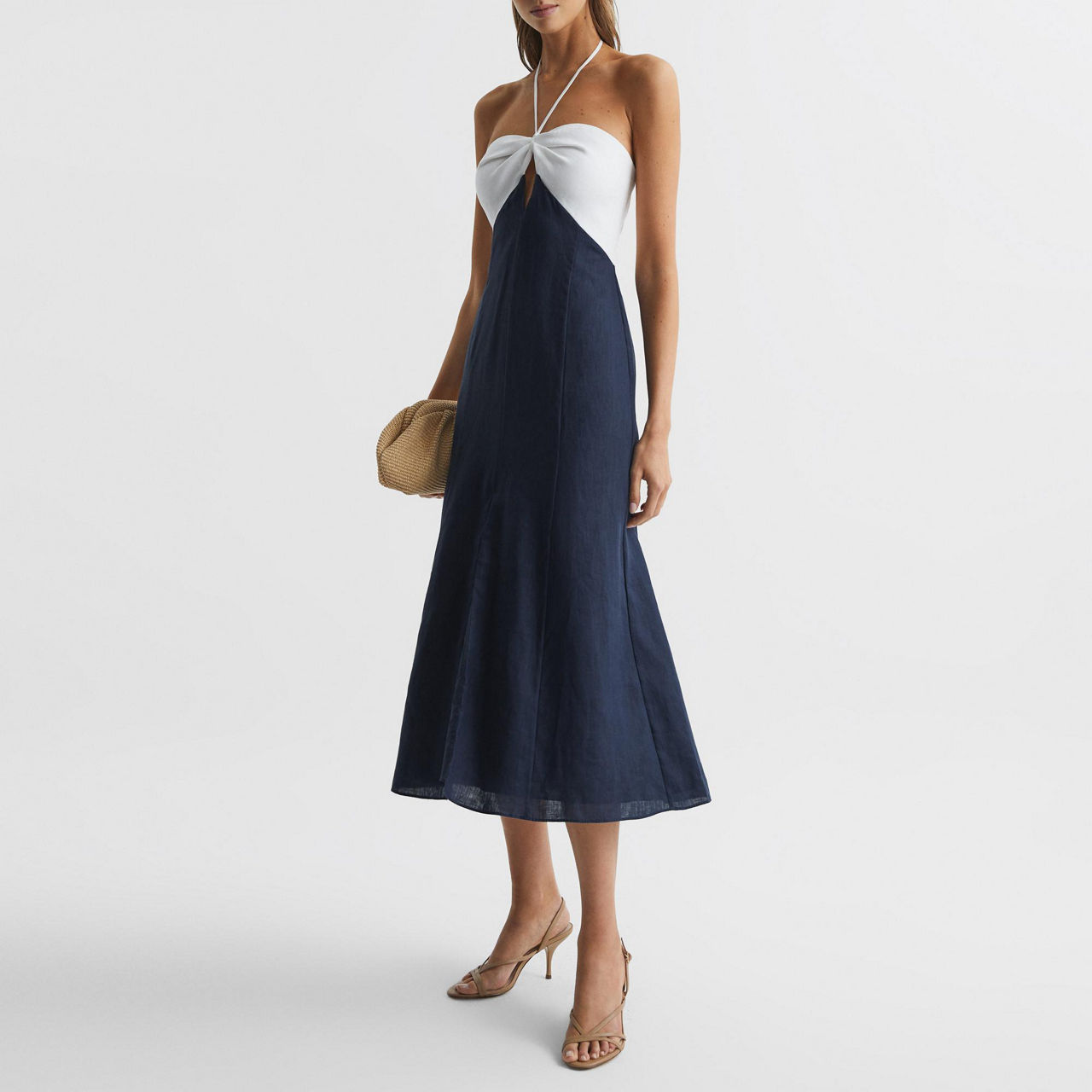 REISS Sian Linen Colour Block Midi Dress