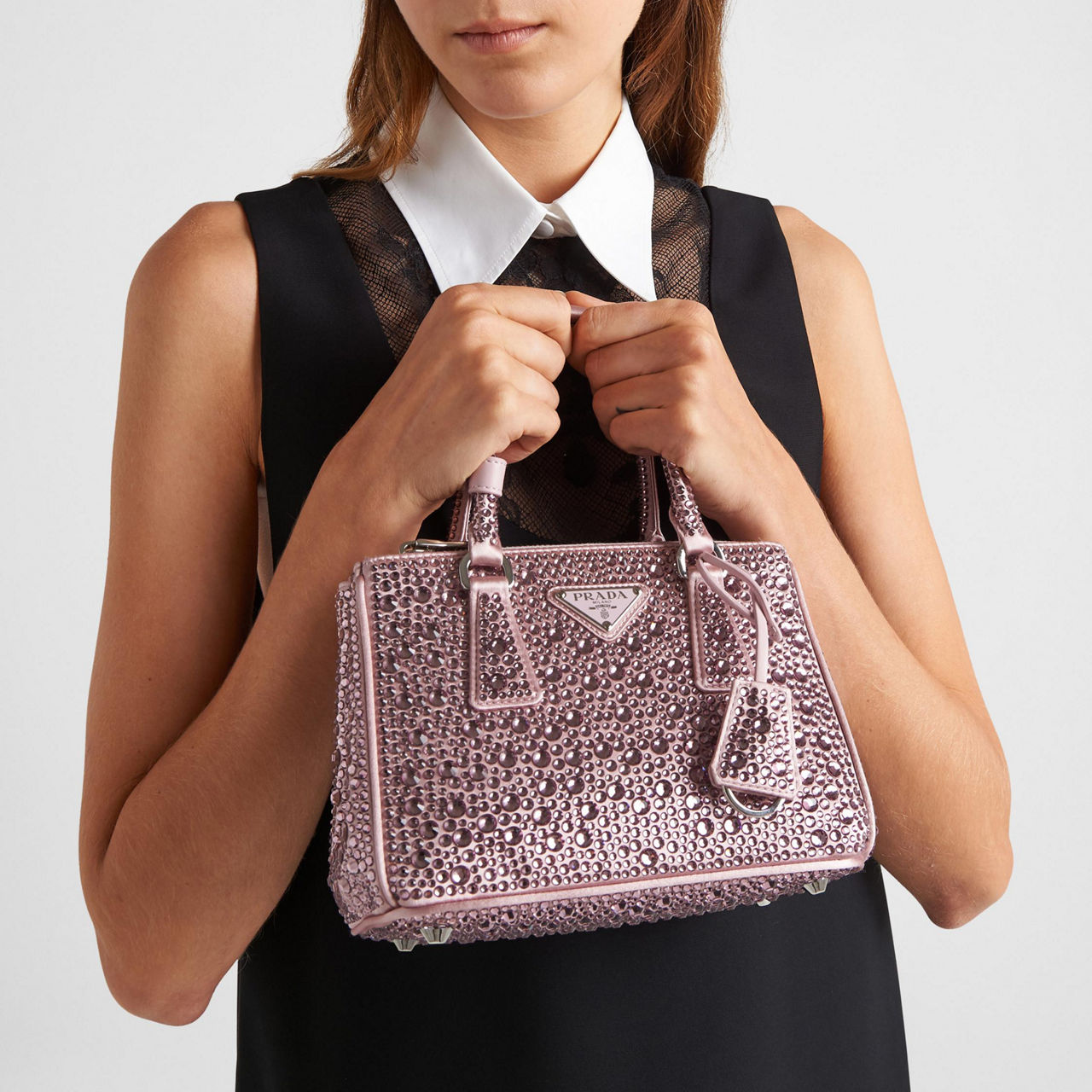 PRADA Galleria Mini Crystal Satin Bag Alabaster Pink