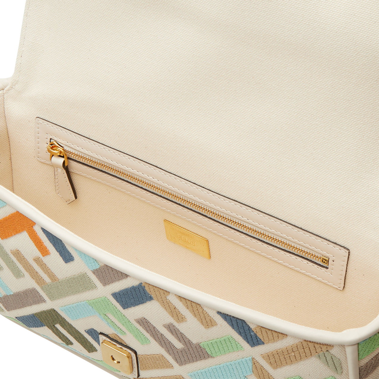 Fend Baguette Tan Beige Canvas Bag 27 with FF Embroidery Ghw