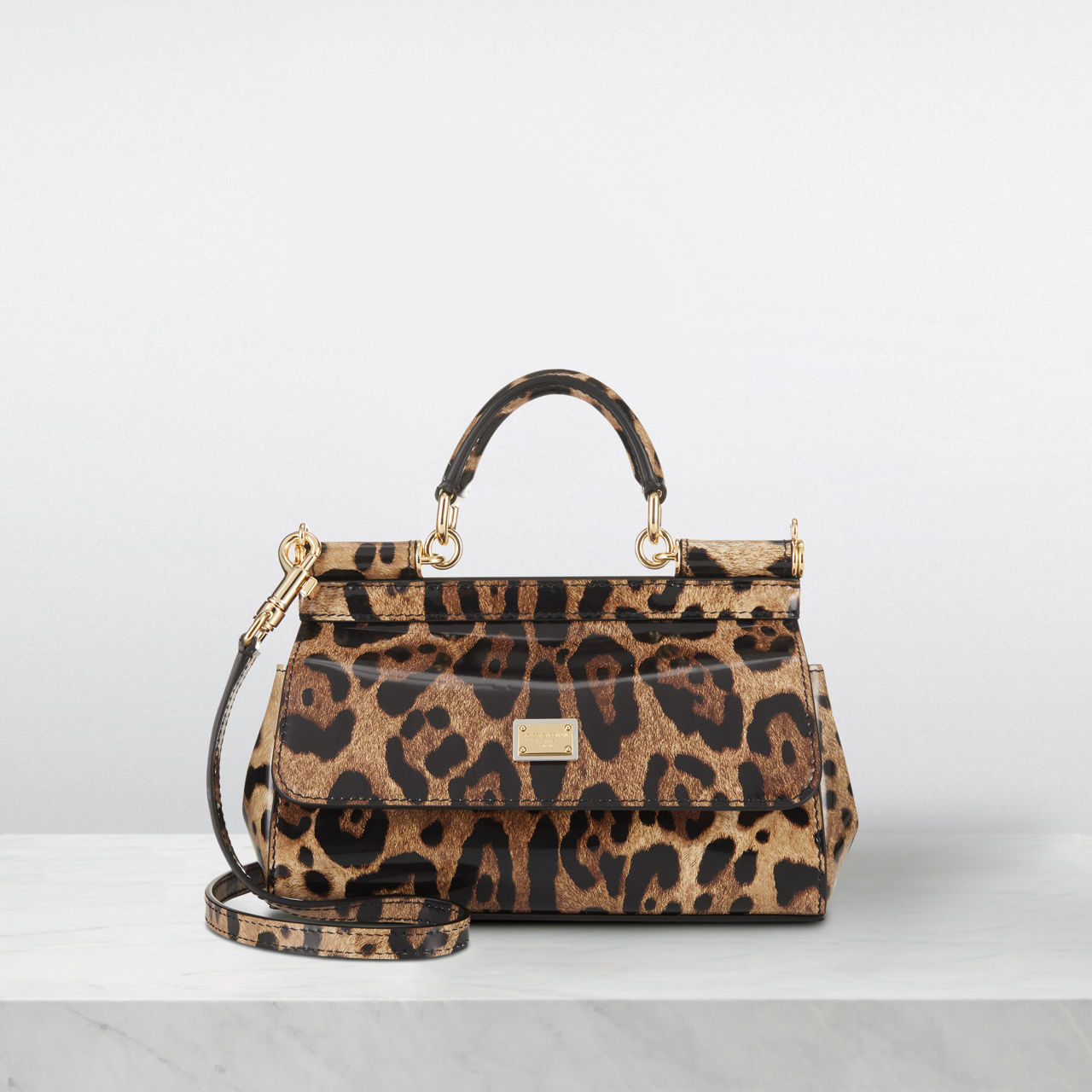 DOLCE GABBANA Small Sicily Patent Leopard Top Handle Bag