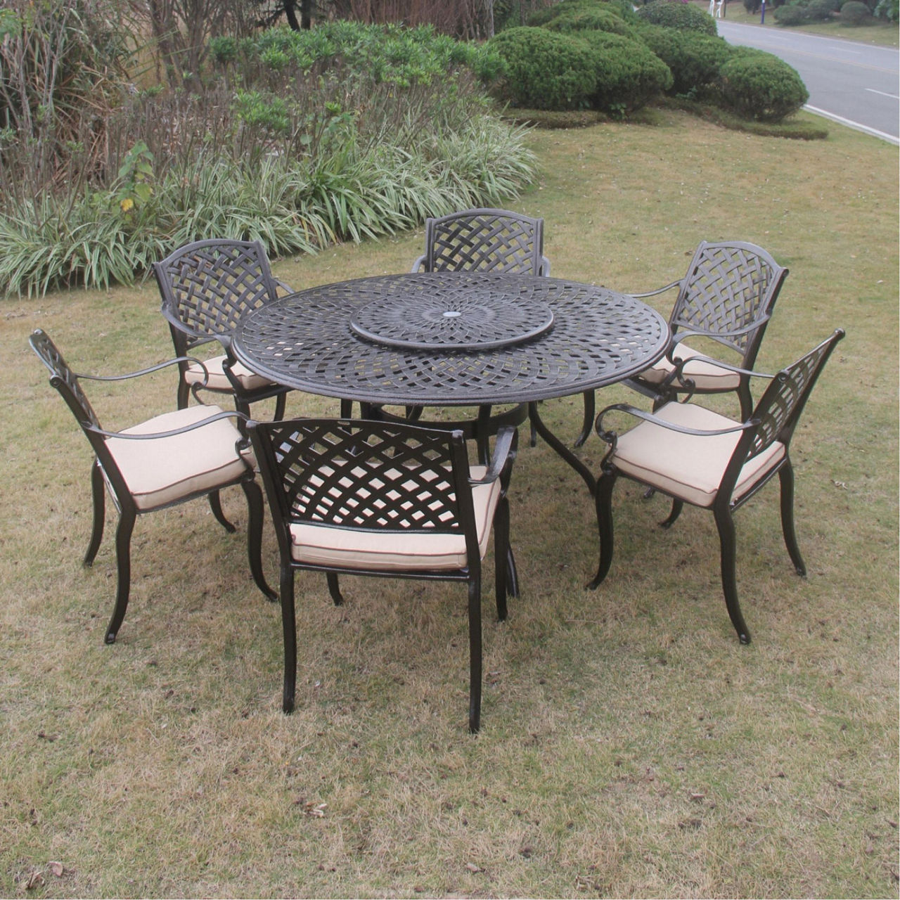 RATHWOOD Fitzhenry 6 Seat Dining Set with 150cm Round Table Lazy Susan Bronze Brown