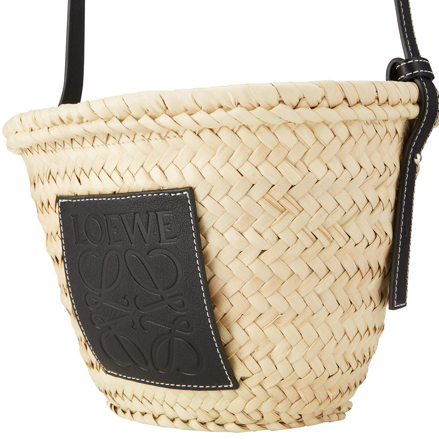 Palm Leaves & Leather Drawstring Bucket Bag
