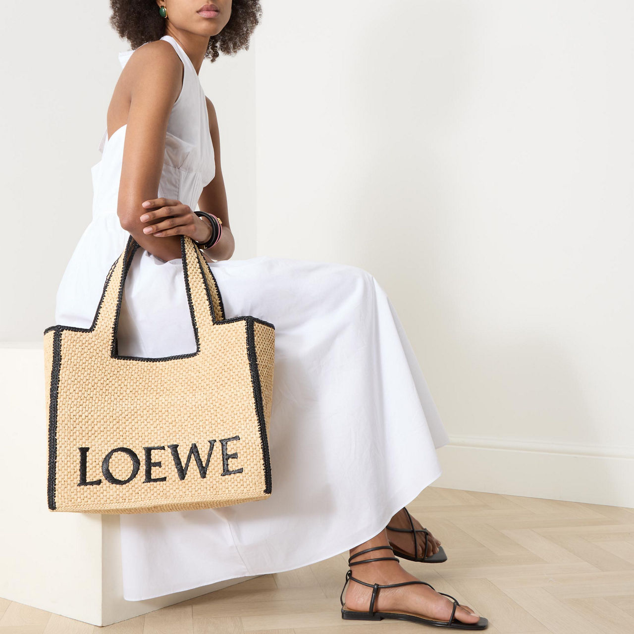 Small LOEWE Font Tote in raffia Black - LOEWE