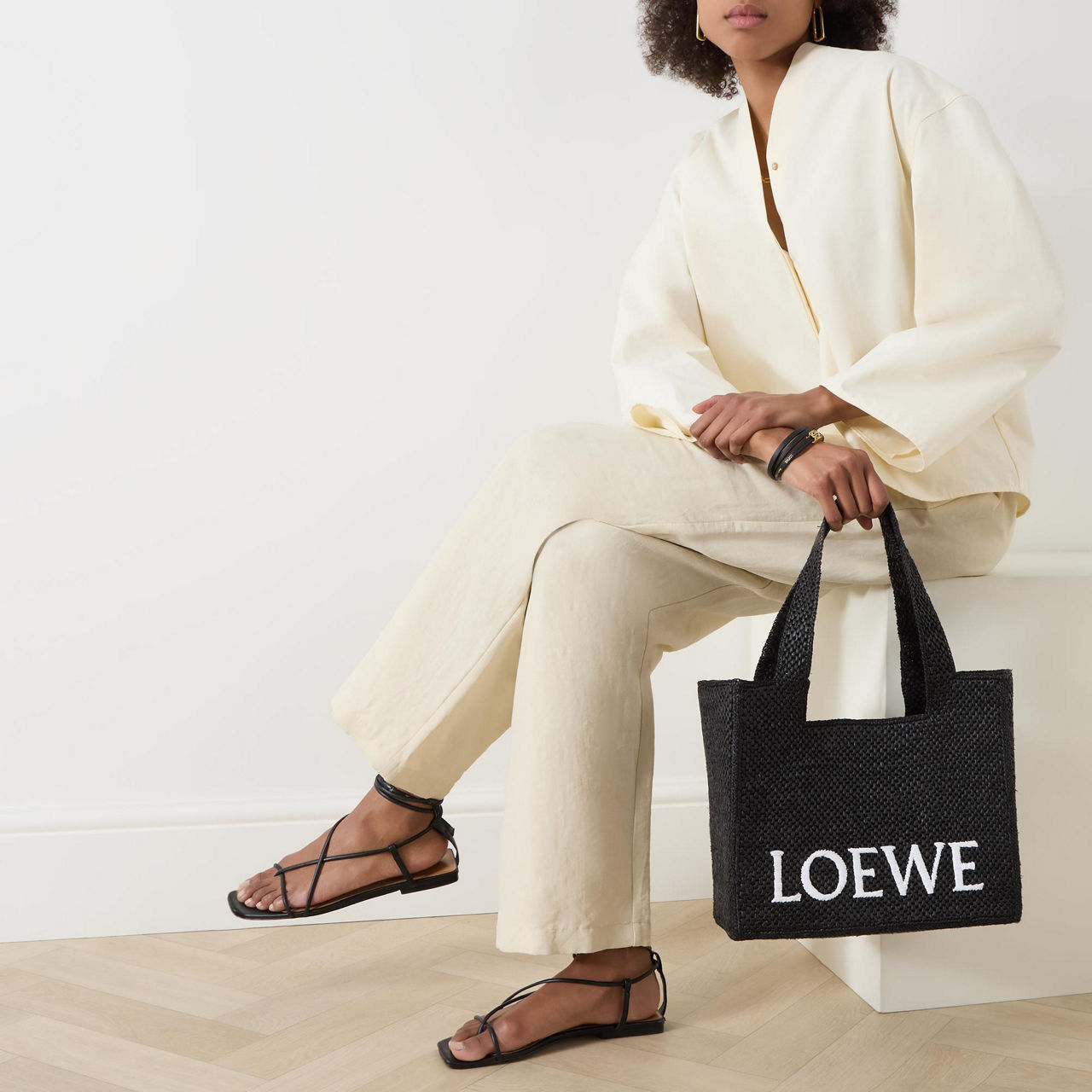 Medium LOEWE Font Tote in raffia & melange strap in cotton and calfskin