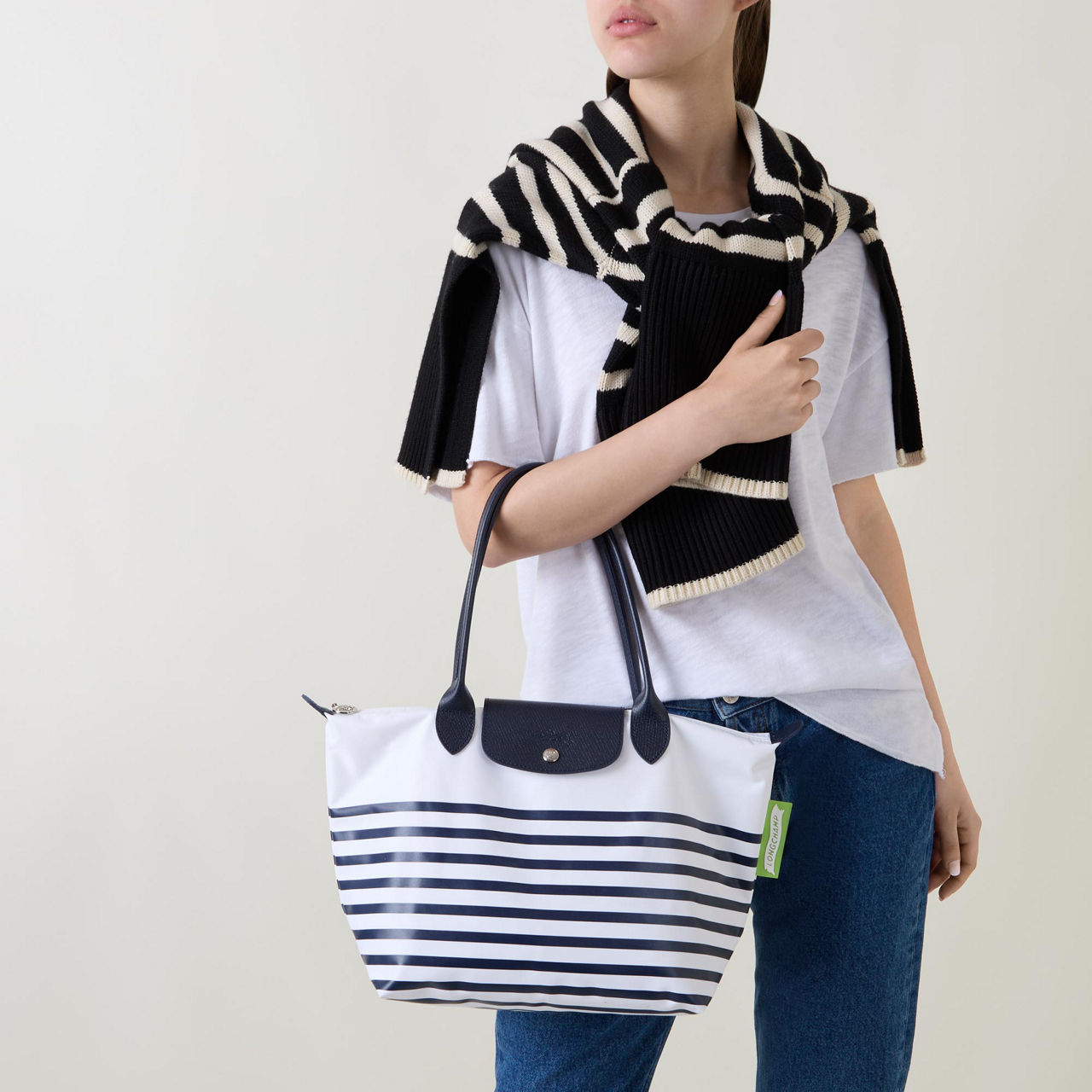 LONGCHAMP Le Pliage Marine Striped Tote Bag Navy