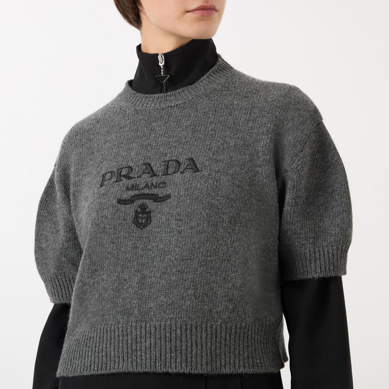 PRADA Short-Sleeve Cropped Logo Sweater