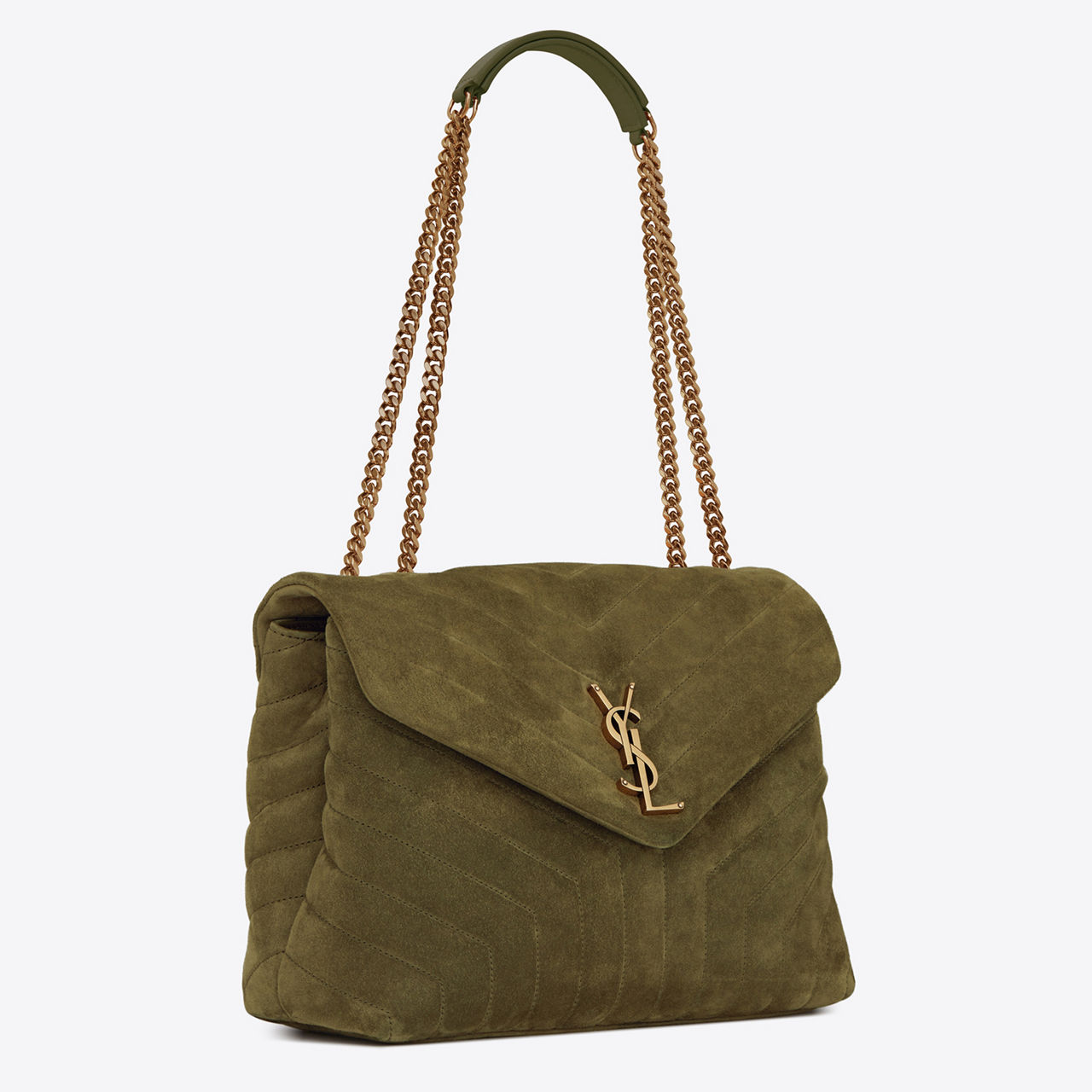 SAINT LAURENT Lou Lou Medium Quilted Suede Shoulder Bag LODEN GREEN