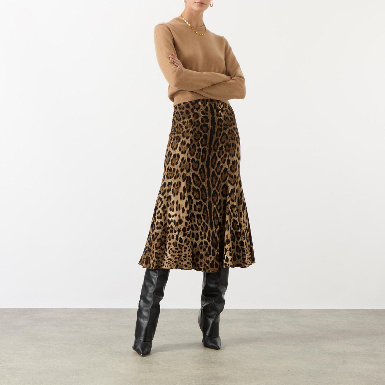 DOLCE GABBANA Leopard Print Satin Midi Skirt