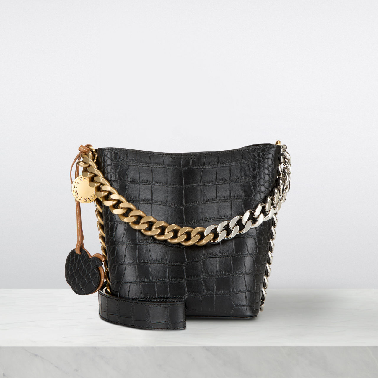 Black croc bucket bag sale