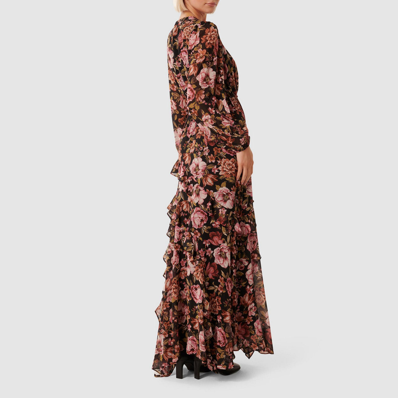 Maria Regular Fit Ruffle Front Midi Shirt Dress In Black Satin Crepe