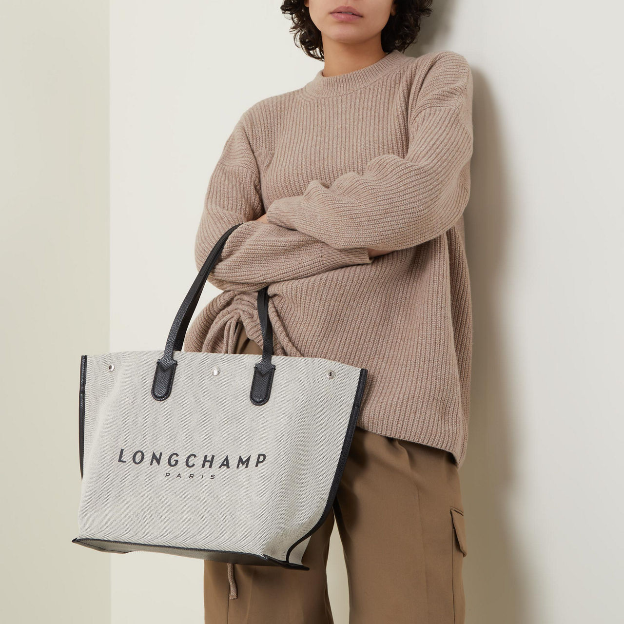 LONGCHAMP Roseau Large Canvas Tote Bag Ecru