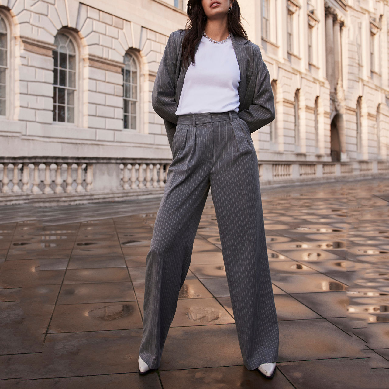 Wide Leg Pinstripe Linen Look Trousers