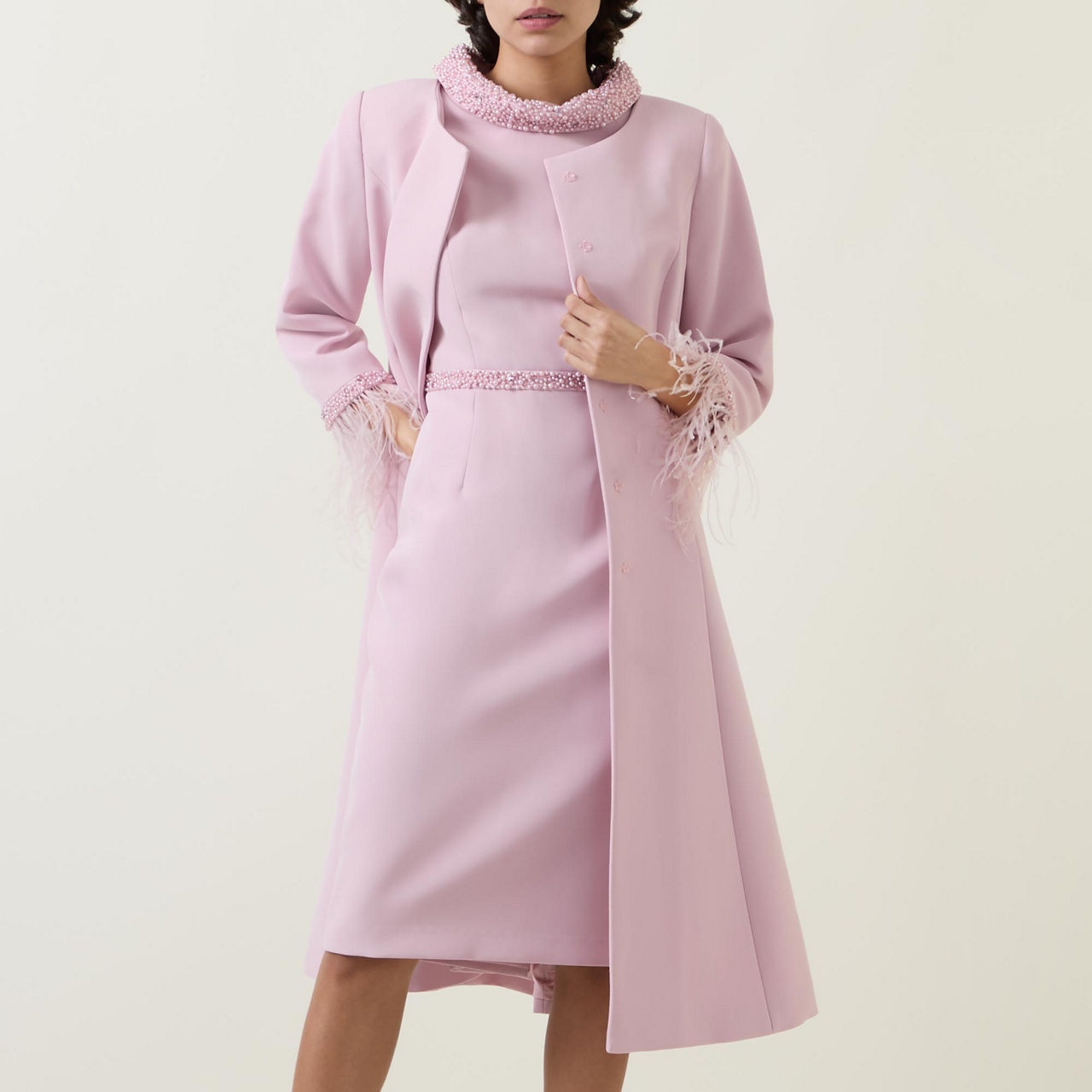 COUTURE CLUB Two Piece Pearl Embellished Coat Dress Set Pink