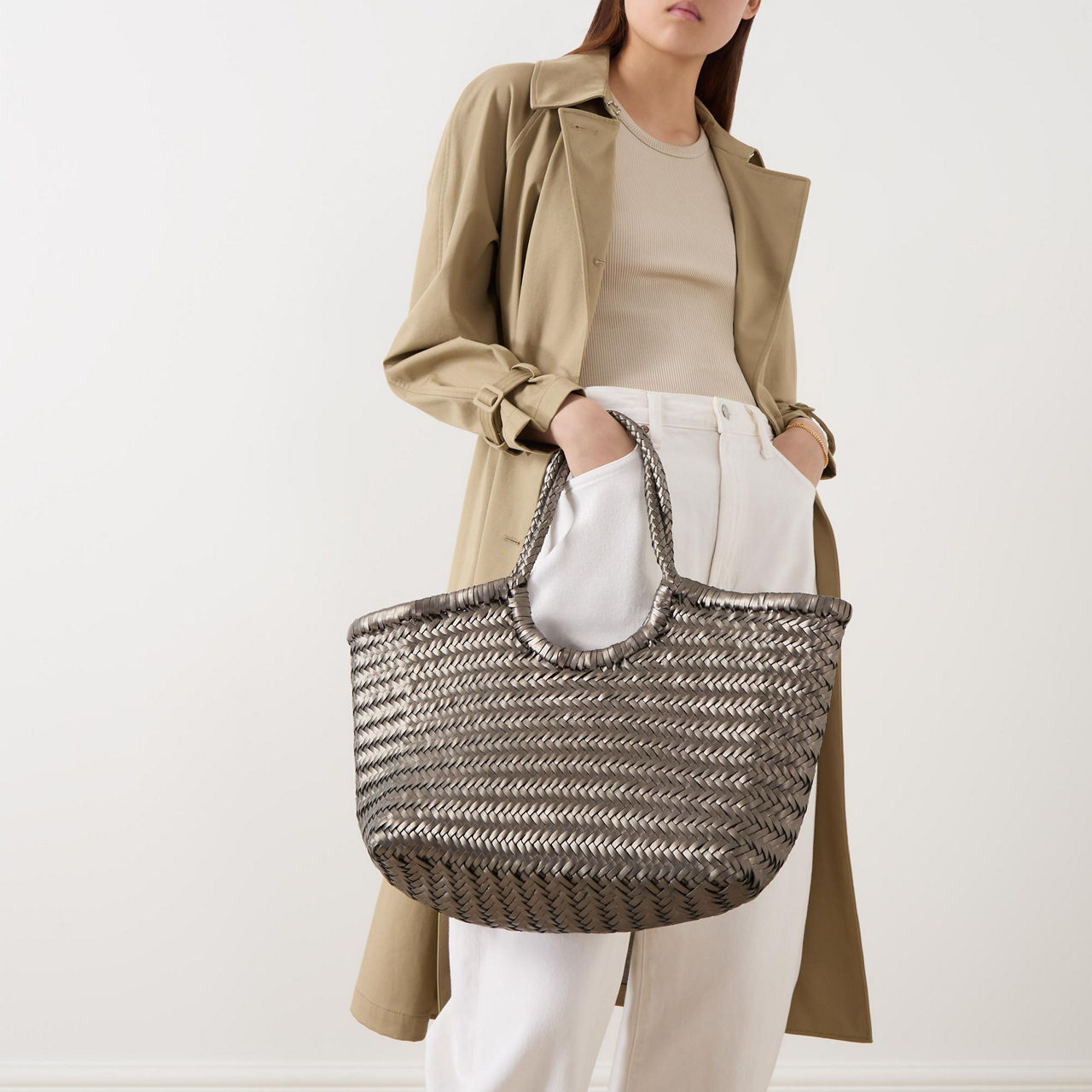 DRAGON DIFFUSION Nantucket Woven Leather Tote Bag Covert Foil