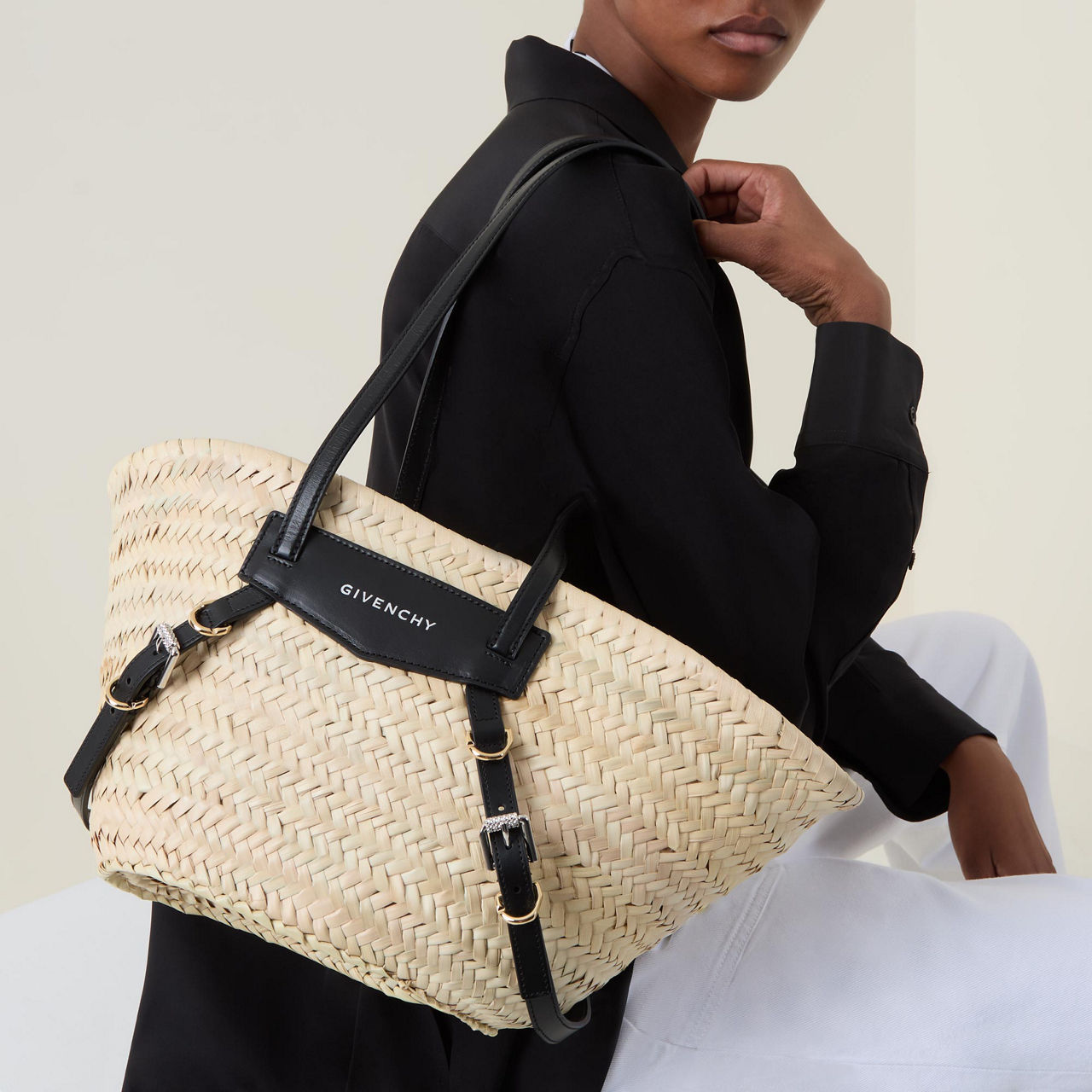 GIVENCHY Voyou Small Raffia Basket Bag Black