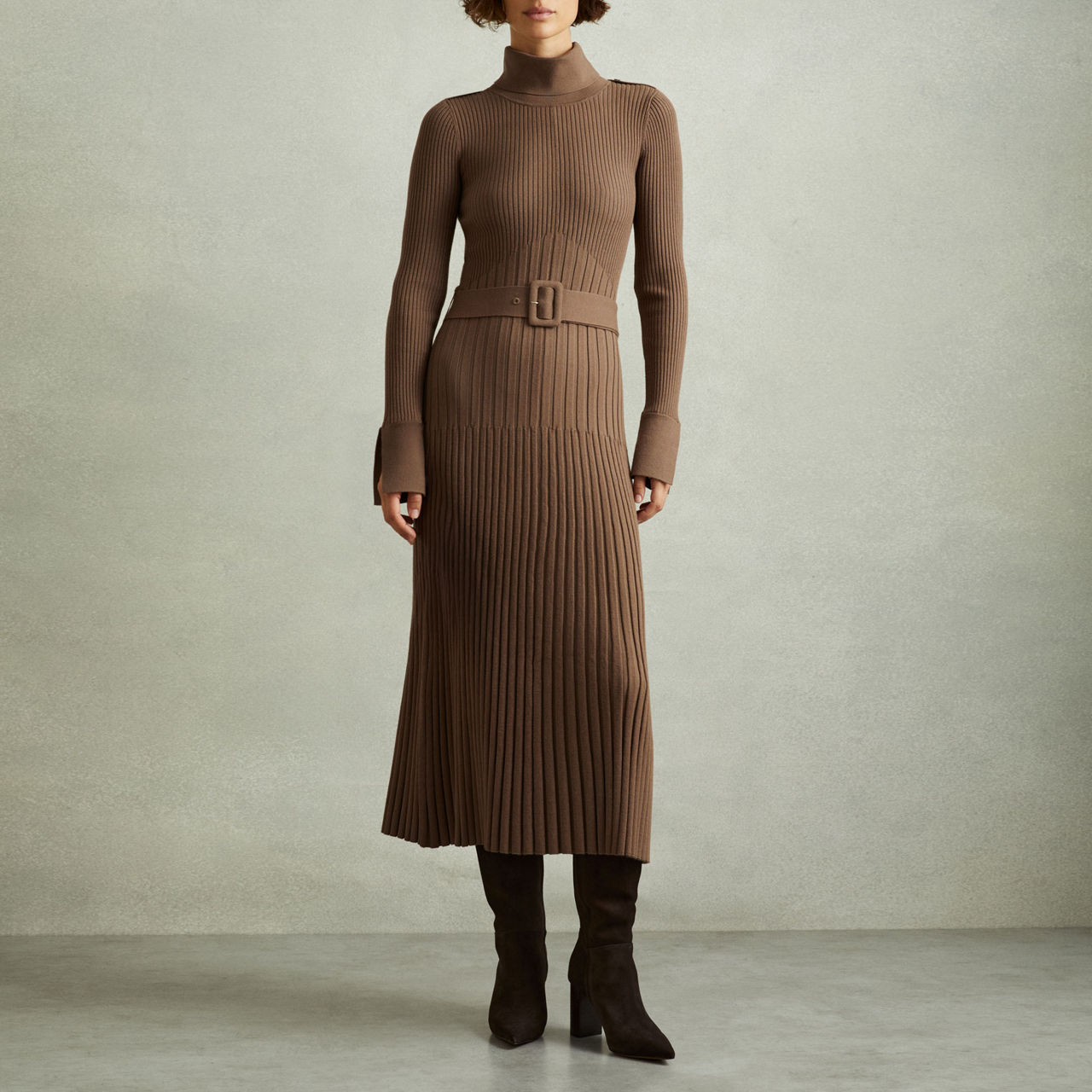 REISS Vinette Ribbed Knit Belted Dress