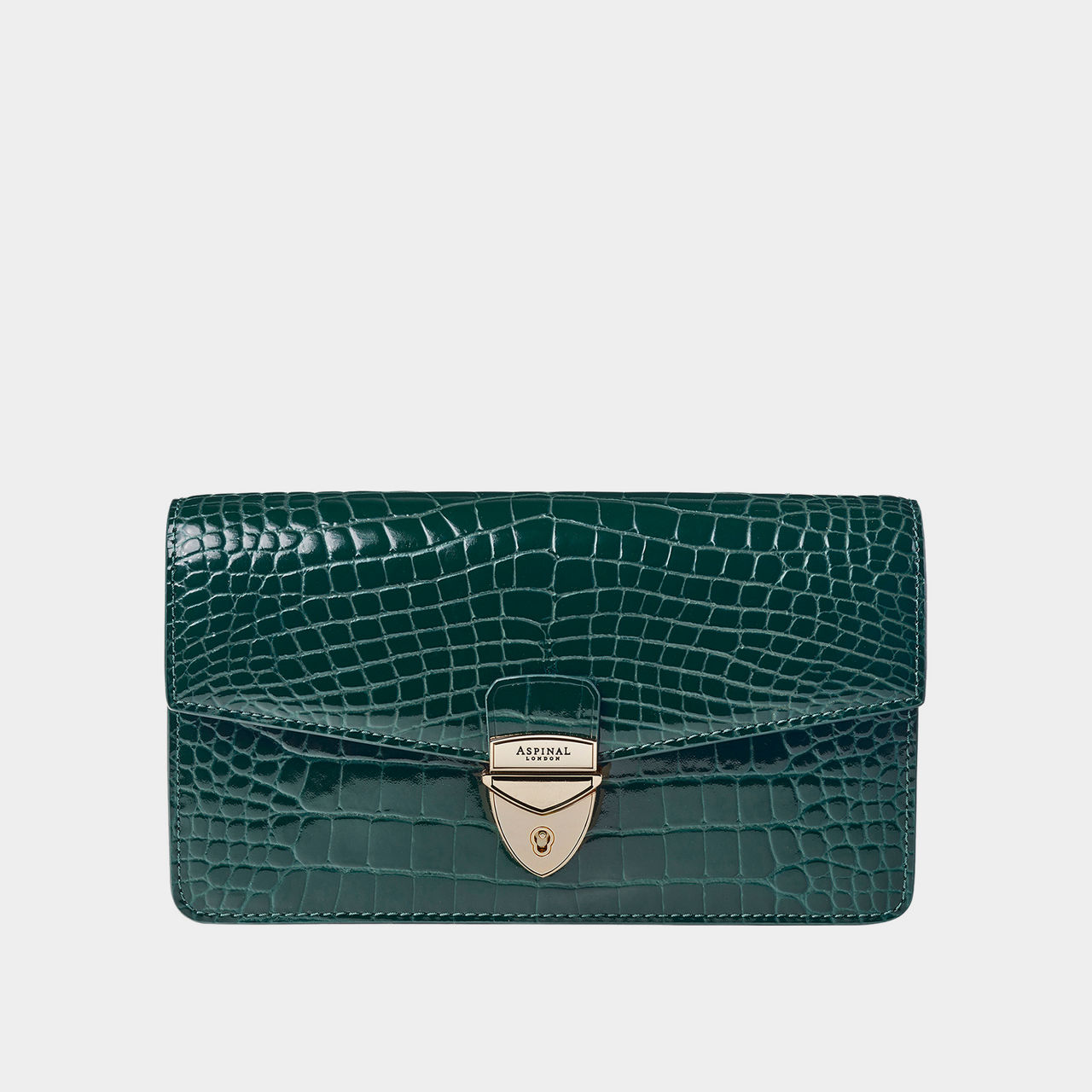 ASPINAL OF LONDON ONLINE EXCLUSIVE Mayfair 2 Patent Croc Clutch Bag Evergreen