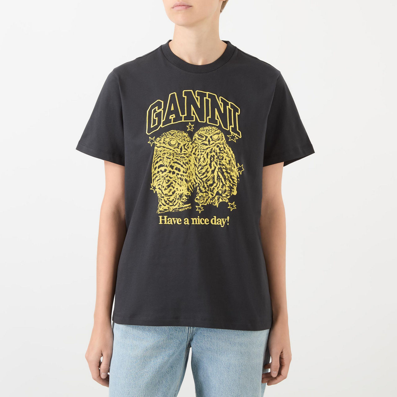 GANNI Owl Logo T Shirt Phantom