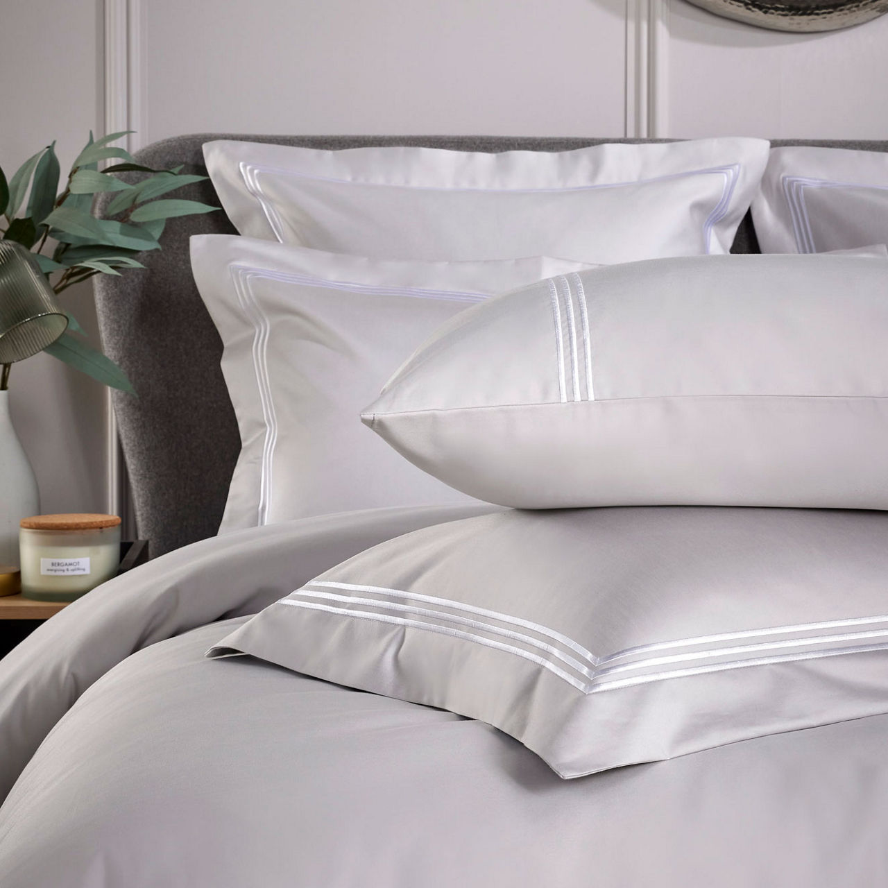 Triple Row Cord 800 Thread Count Standard Pillowcase Pair White on Grey