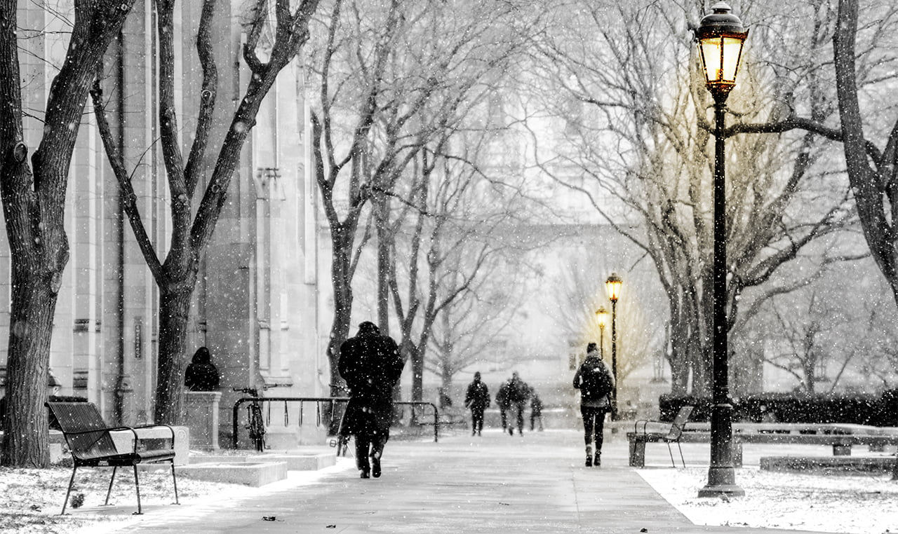 people walking through a snowy street