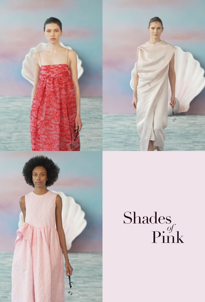 collage of models wearing different shades of pink dresses