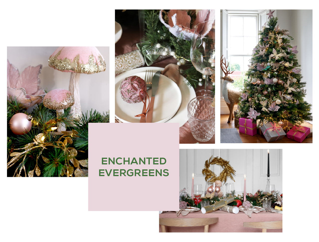 Collage of Christmas trees, decorations, tableware all in a pink & green colour scheme